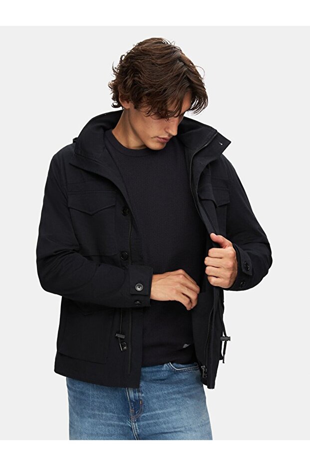 Kapüşonlu Düz Lacivert Mont - 3