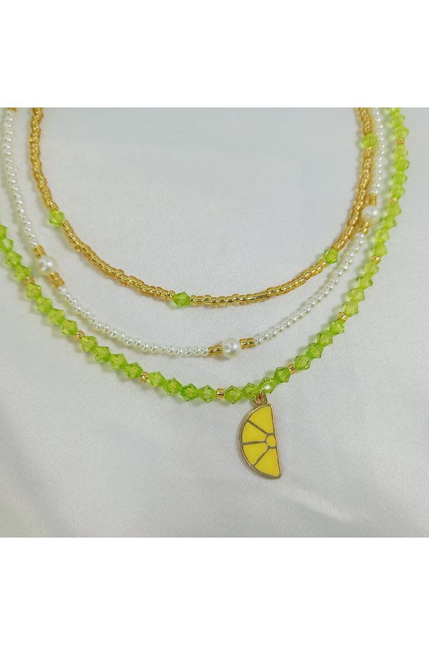 Minimal Limon Üçlü Kolye Seti Trend Limon Kolye Seti Kristal Boncuk Kolye Limon İnci Kolye - 4