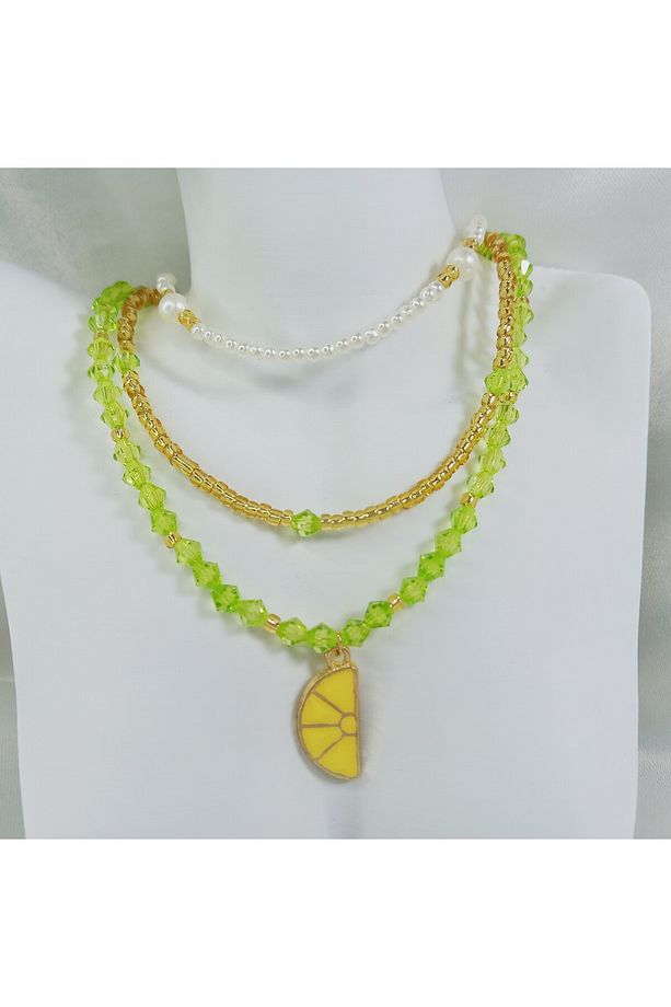 Minimal Limon Üçlü Kolye Seti Trend Limon Kolye Seti Kristal Boncuk Kolye Limon İnci Kolye - 1