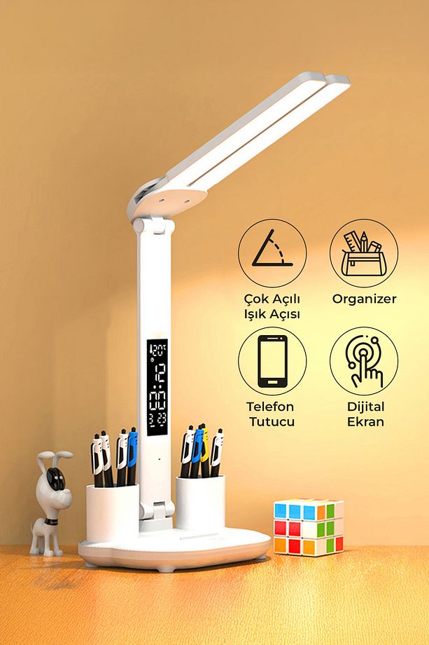 Çok Fonksiyonlu Çalışma Masa Lambası-Dijital Saat, Organizer Kalemlik ve Termometreli Led Aydınlatma - 1