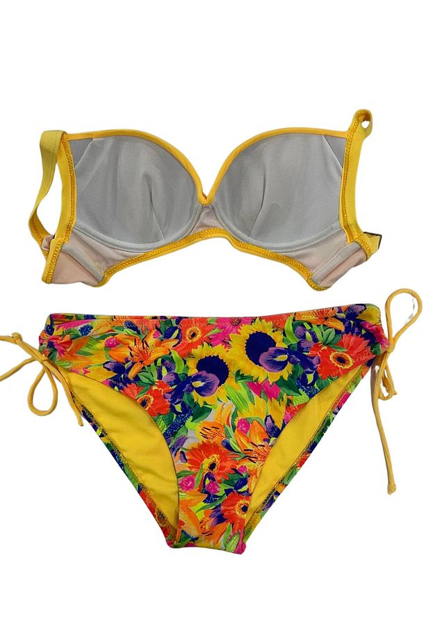 Kadın Sarı Çiçek Desenli Taş İşlemeli  Astarlı Bikini Takım HZL25S-LC3313 - 4