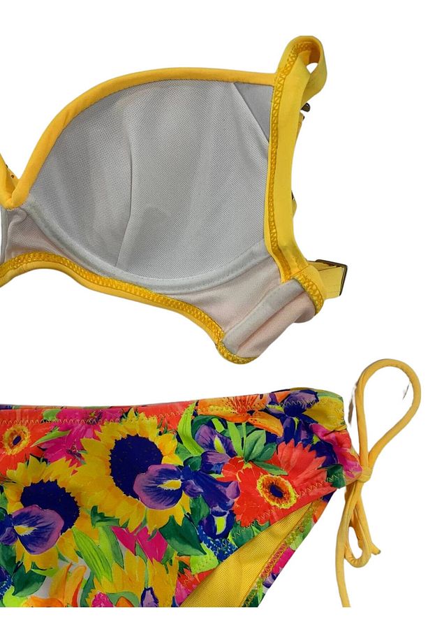 Kadın Sarı Çiçek Desenli Taş İşlemeli  Astarlı Bikini Takım HZL25S-LC3313 - 5