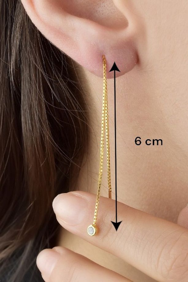 Gümüş 925 Ayar Kare Zincir Asansör Model Tek Zirkon Taşlı Gold Renkli Tekli Küpe - 2