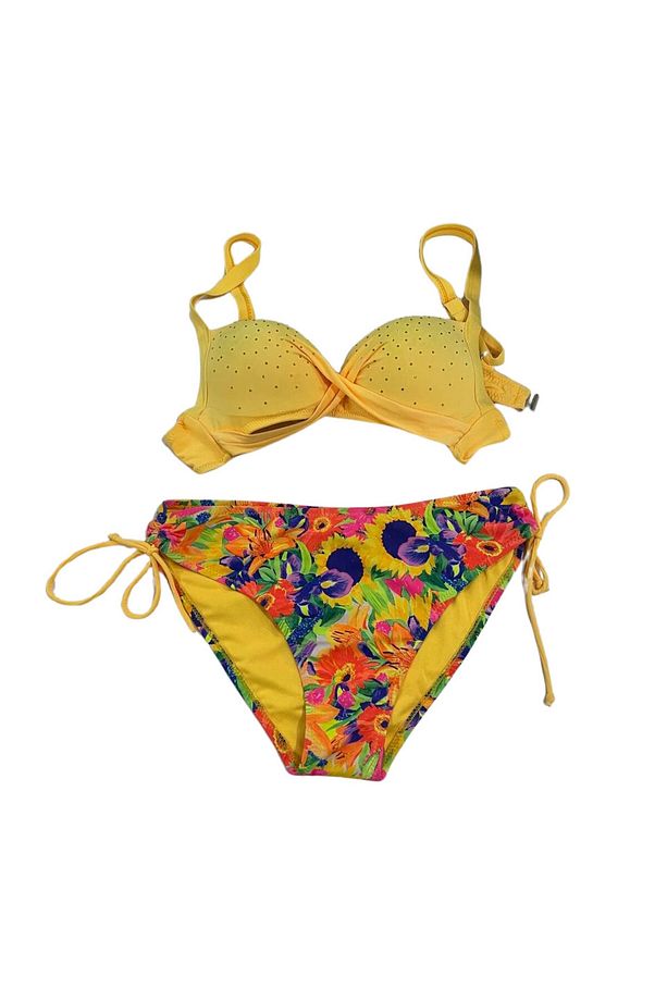 Kadın Sarı Çiçek Desenli Taş İşlemeli  Astarlı Bikini Takım HZL25S-LC3313 - 3