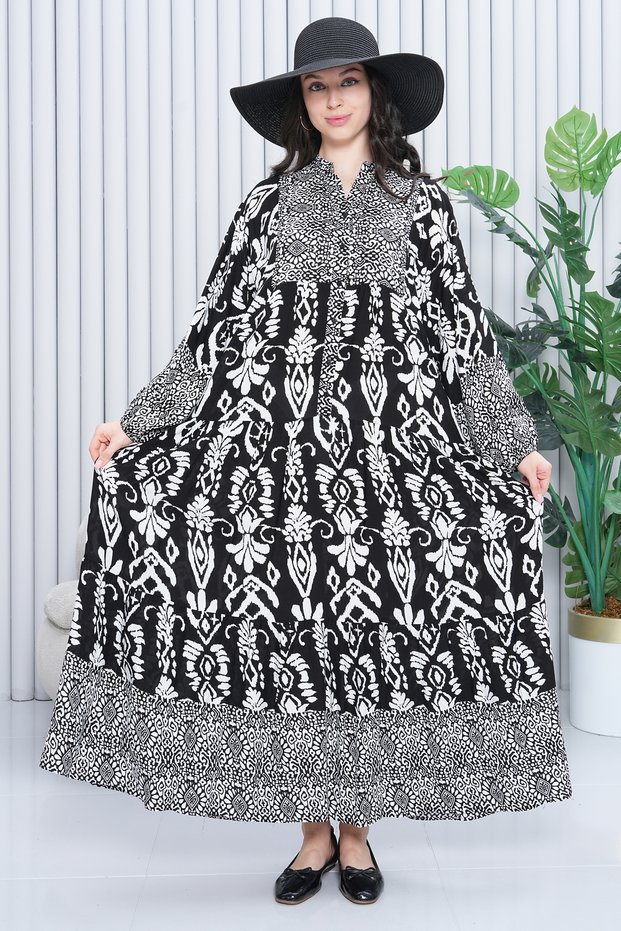 Women's Black and White Button Detailed Placket Collar Ethnic Print Loose Balloon Sleeve Long Dress