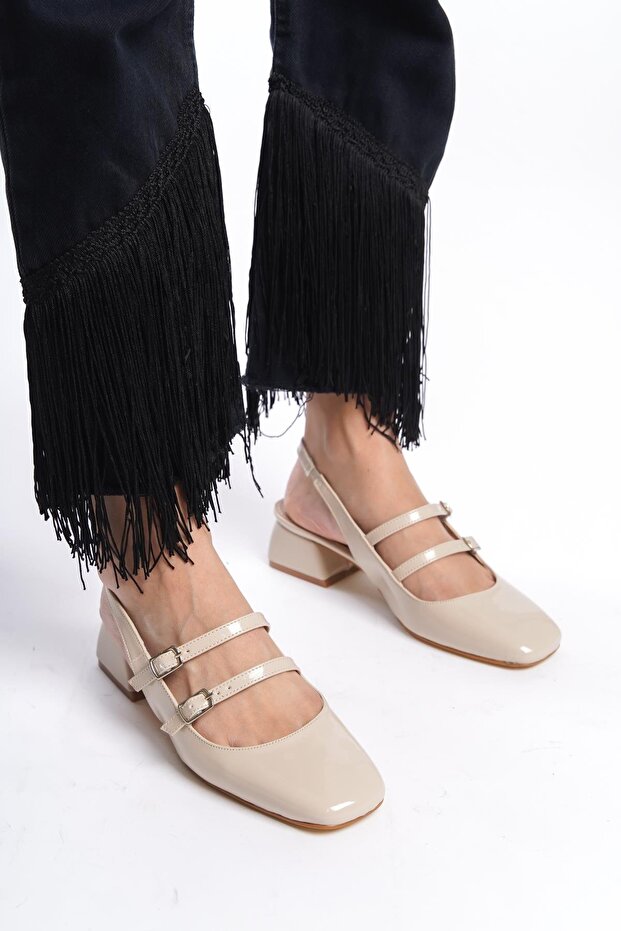 Mary Jane Beige Patent Leather Open Back Blunt Toe Short Heeled Shoes