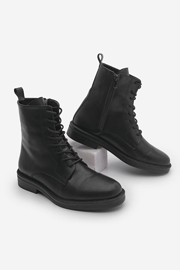 Women's Zippered and Lace-Up Casual Boots Manat Black