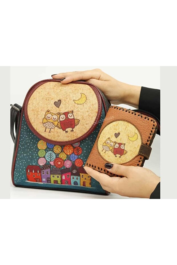 Owl Figured Small Messenger Bag Black and Small Wallet Tan Combination