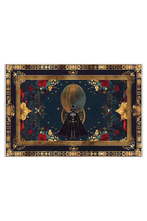 Darth Vader ile Gece Yarısı Çiçekleri - Çocuk ve Evcil Hayvan Dostu Toz Tutmayan Pamuklu Dokuma Halı - 2