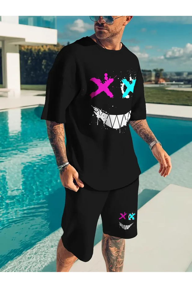 طقم رياضي مريح للرجال - تي شيرت وبنطلون مطبوع