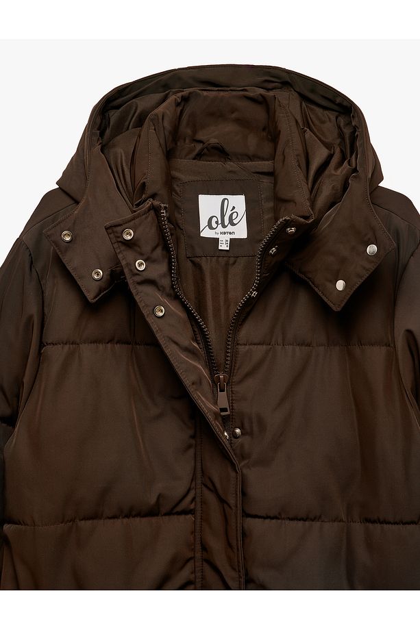 Kapüşonlu Çıtçıt Düğmeli Fermuarlı Oversize Şişme Mont - 5
