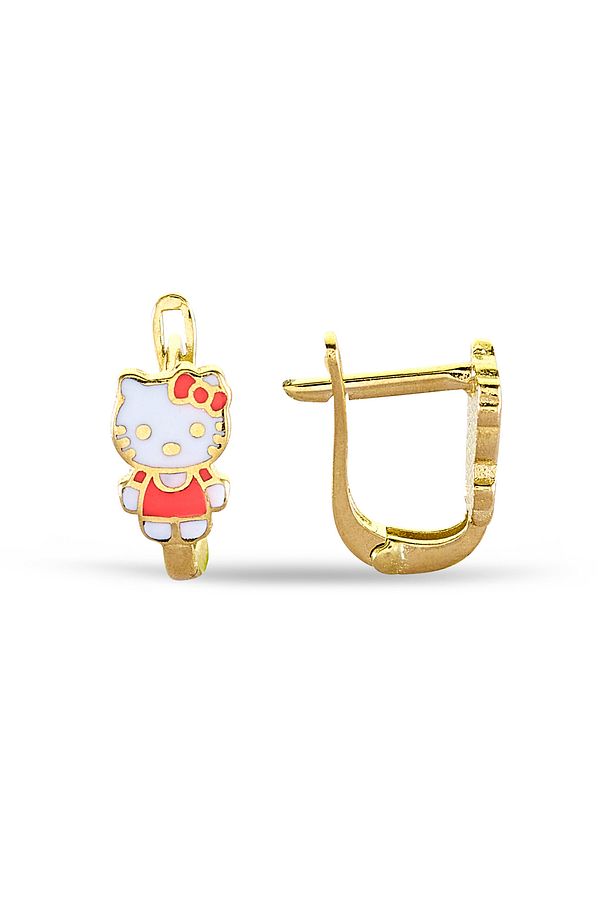 14 Ayar Altın Hello Kitty Çocuk Küpe, Klipsli Renkli Mineli Kız Çocuk Küpe, Mücevher Kutusuyla - 2