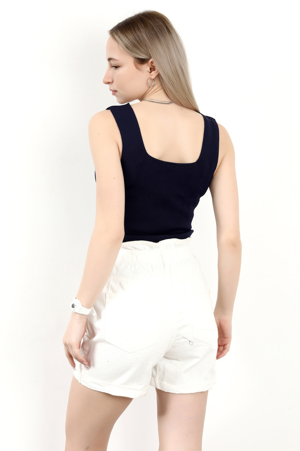 Kadın Kare Yaka Kalın Askılı Basic Triko Bluz Lacivert - 2000 - 3