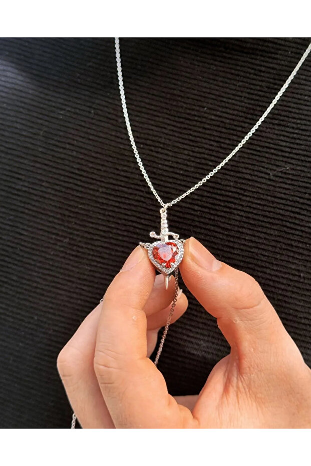 Çelik Zincirli Kalp Kılıç Kolye Çift Arkadaş Sevgili Kolyesi - 5