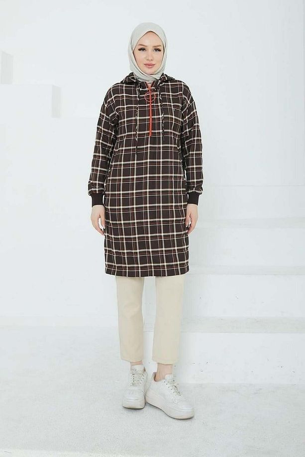 Yarım Fermuarlı Ekose Tunik - Kahve - 3