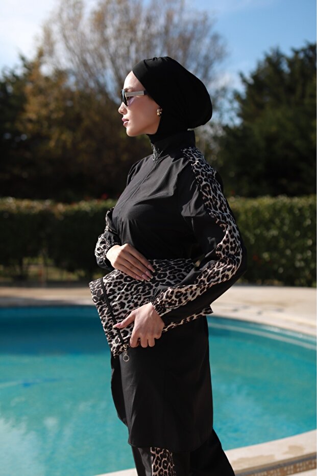Leopard Pattern Hijab Swimsuit with Bone and Bag Gift, Elastic Waist and Zipper - 7