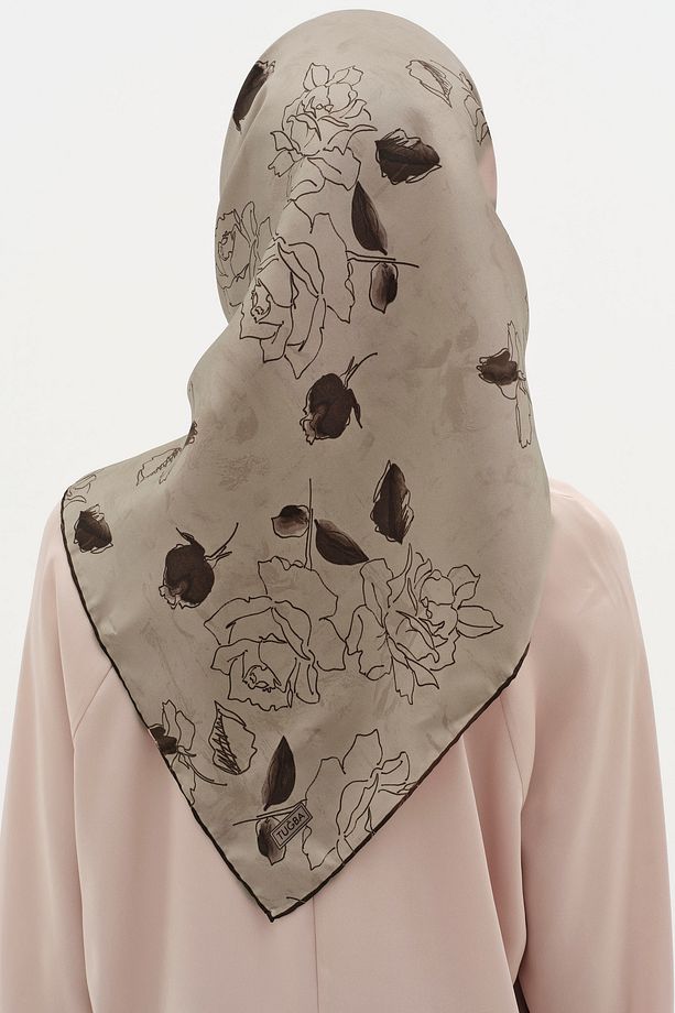 Yaprak Desenli Twill İpek Eşarp - Vizon - 4
