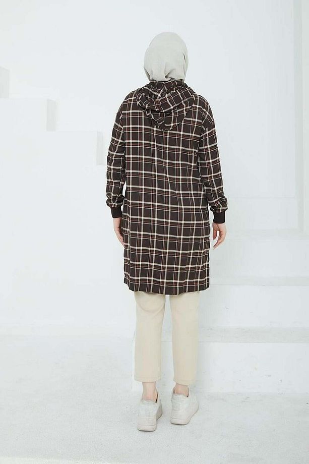 Yarım Fermuarlı Ekose Tunik - Kahve - 8