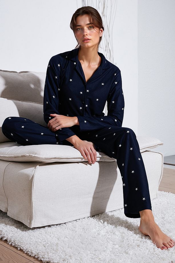 Streç Regular Fit Apaş Yaka Beli Lastikli Pijama Takımı Pijama Takımı 65720501 - 2