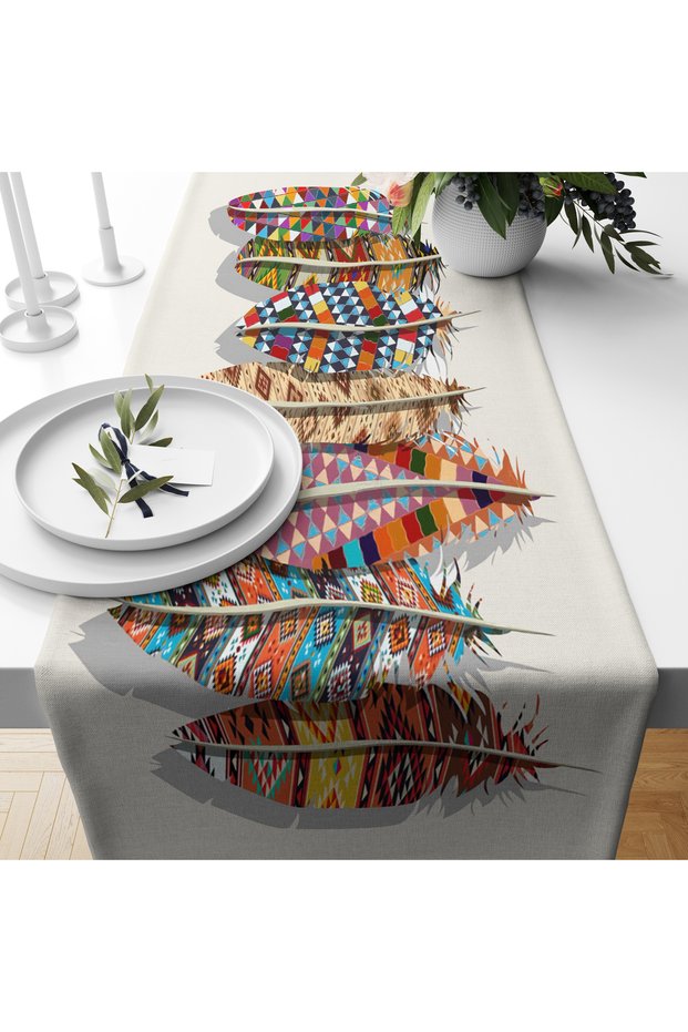 Colorful Feathers Patterned Stain-Resistant Washable Table Cloth Runner