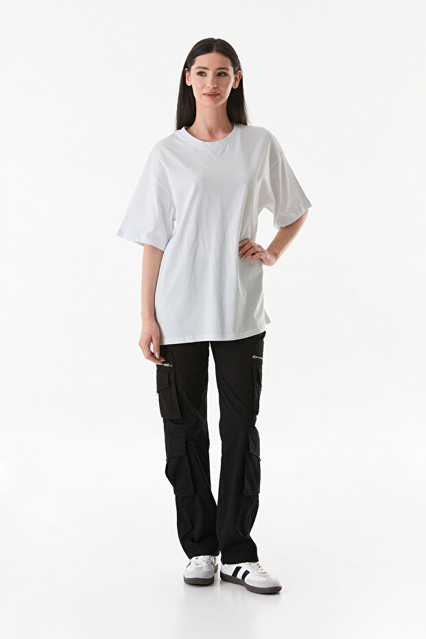 Basic Oversize Bisiklet Yaka Tişört - 4