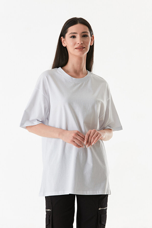 Basic Oversize Bisiklet Yaka Tişört - 1