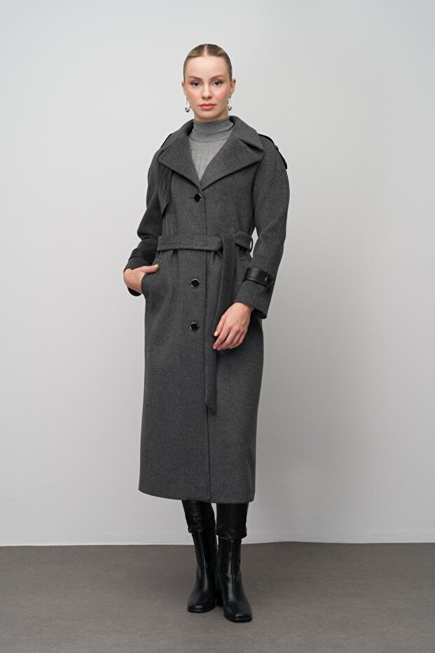 Reglan Sleeve Leather Cape and Epaulet Detailed Long Coat Dark Gray 3084
