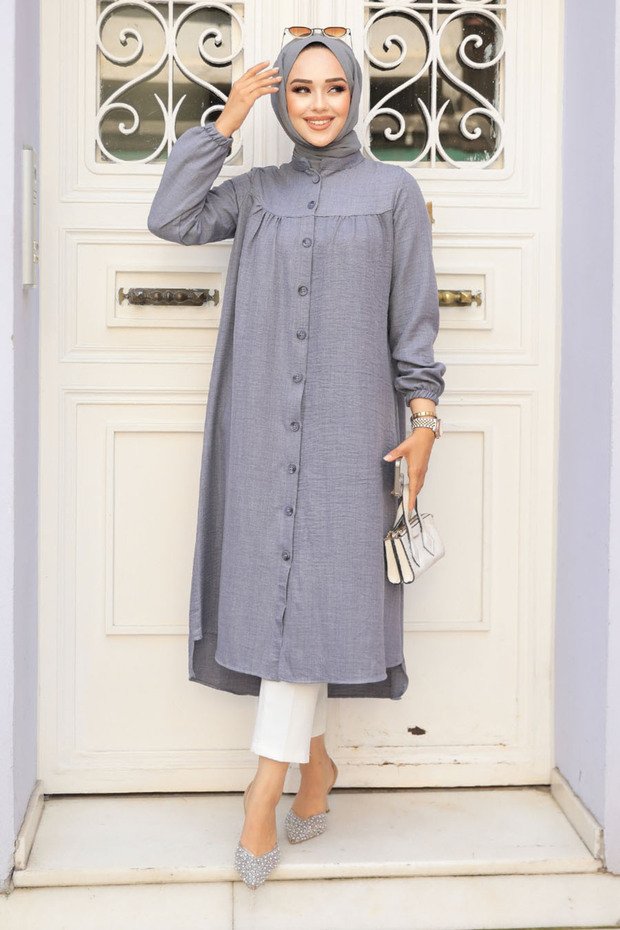 Gray Hijab Tunic - Buttoned, Model 5642GR - 2