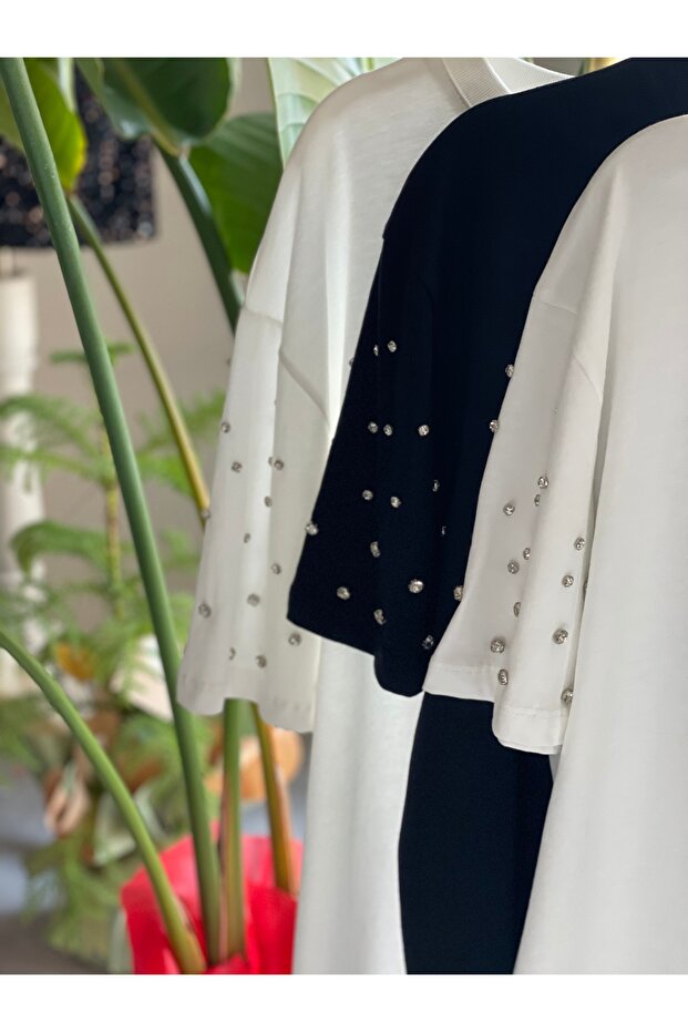 Taşlı basic tişört beyaz - 3