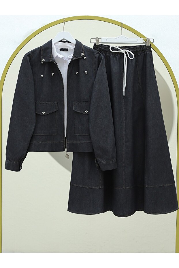Spread Pearl Zippered Jacket Skirt Jeans Set -Black