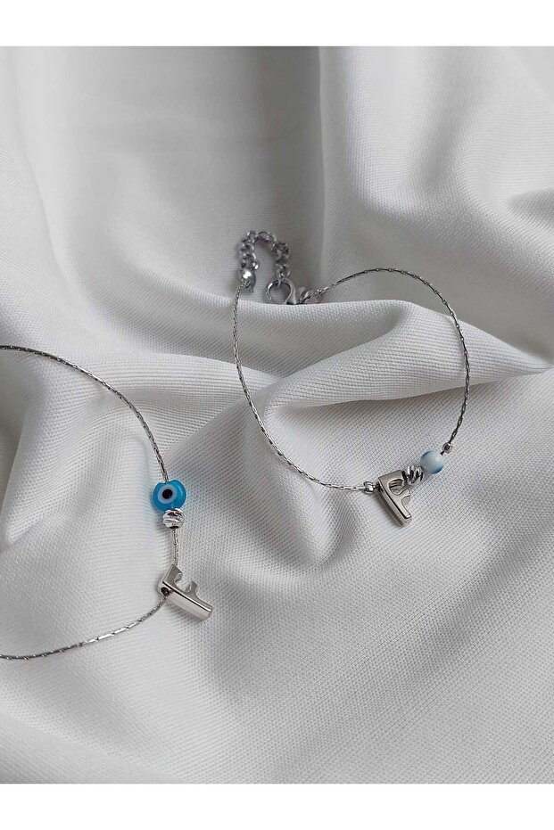 F Letter Evil Eye Bead Detailed Non-Tarnish Coated Necklace & Bracelet Set