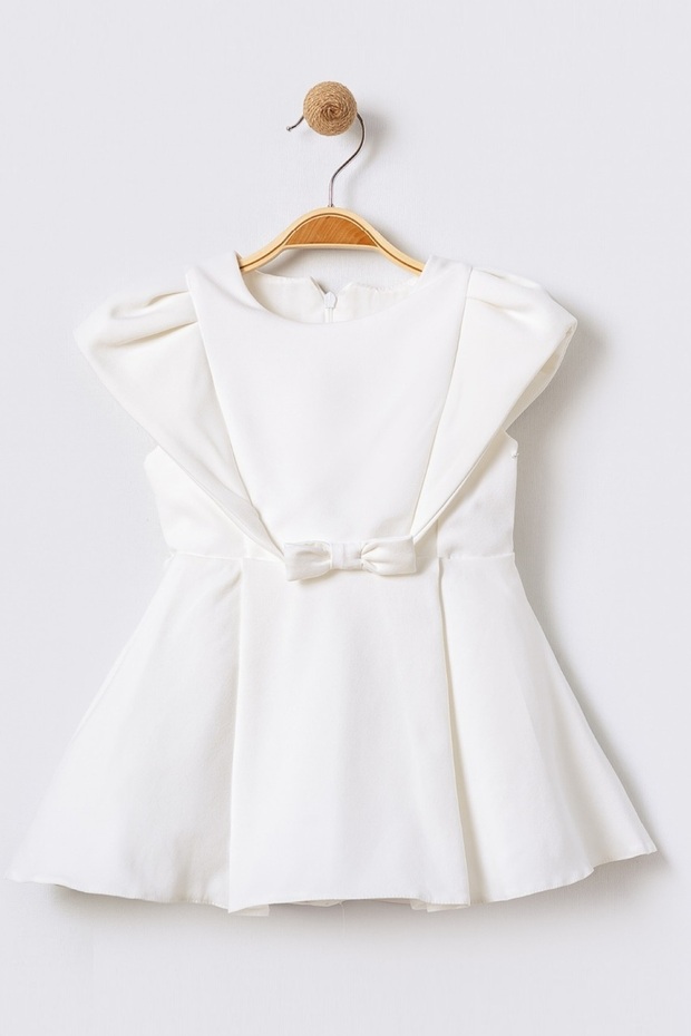 Bow Detail Crew Neck Flared Cutout Short Sleeve White Girl's Dress 15702