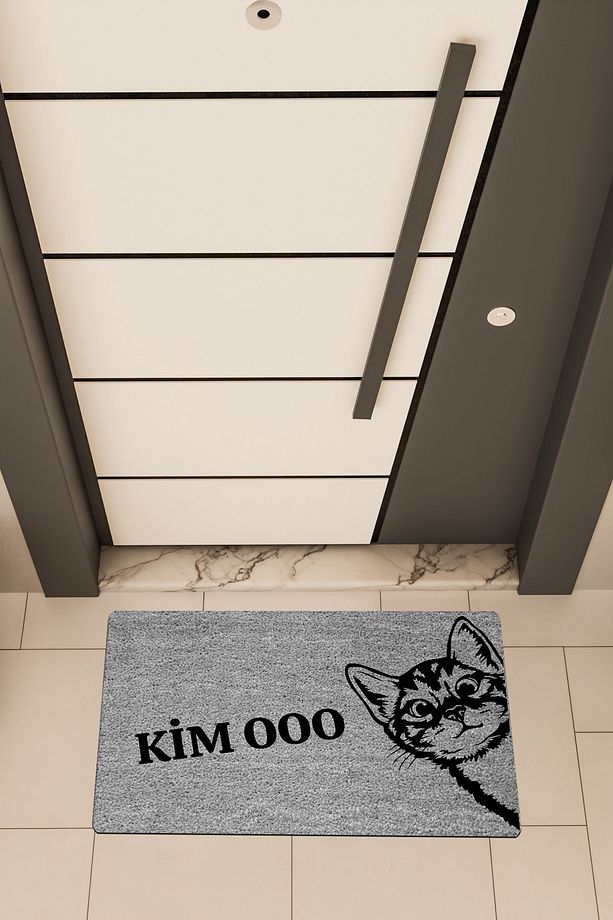Yüksek Kaliteli Dijital Baskı Gri, Kim OO Kedi temalı Kapı Önü Paspası - 1