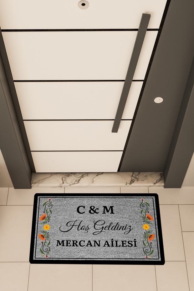 Yüksek Kaliteli Dijital Baskı Gri, Kişiye Özel Yan Süsleme temalı Kapı Önü Paspası - 1