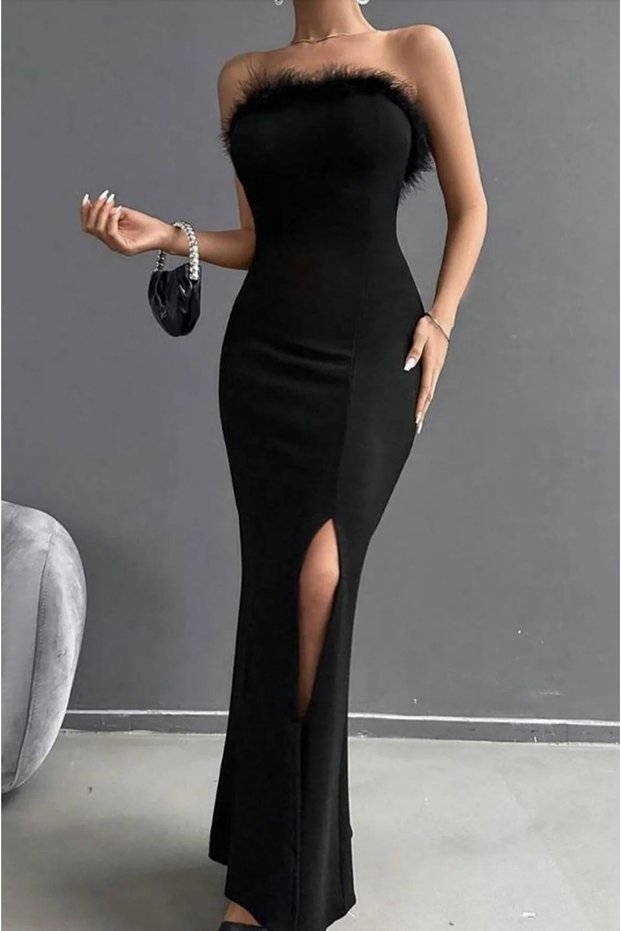 Black Evening Dress with Feather Detail at the Collar and Slit 583152 757