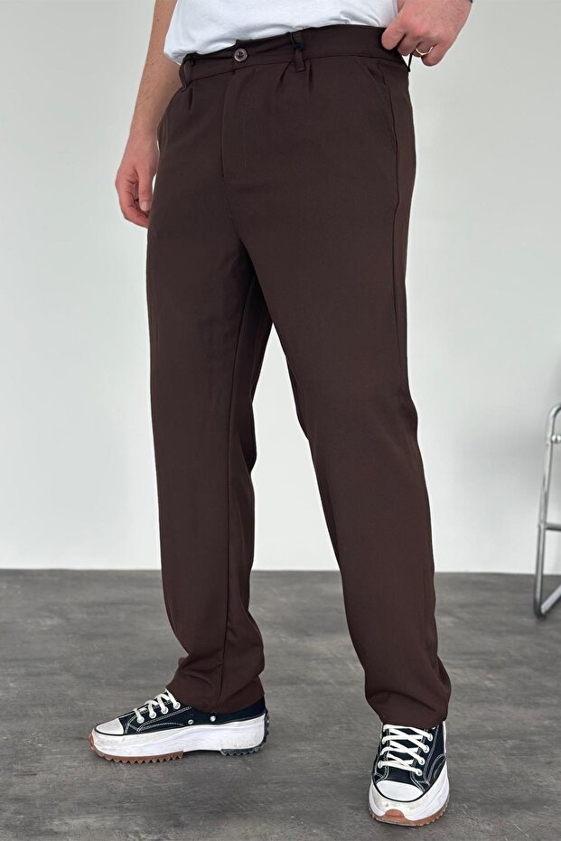 Men's Baggy Fit Pleated Brown Fabric Trousers Ke-1000