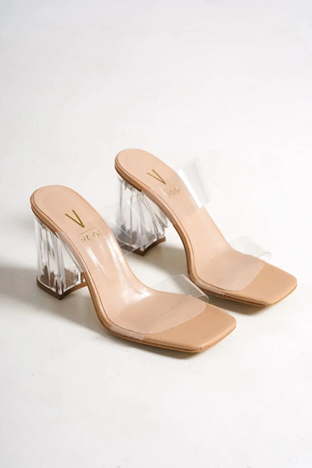 Women's Beige Double-Strapped and Transparent Heel Detailed Medium Heeled Slippers