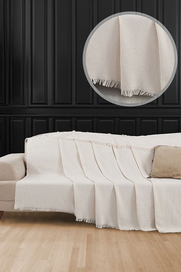 Saçaklı Koltuk Örtüsü | Koltuk Şalı 180x210 Pamuk Ekru - 1