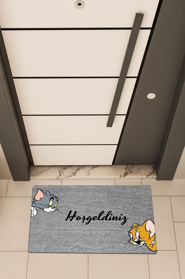 Yüksek Kaliteli Dijital Baskı Gri, Tom ve Jerry temalı Kapı Önü Paspası - 1