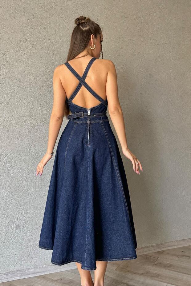 Rochie lungă din denim cu detaliu de legare - 3