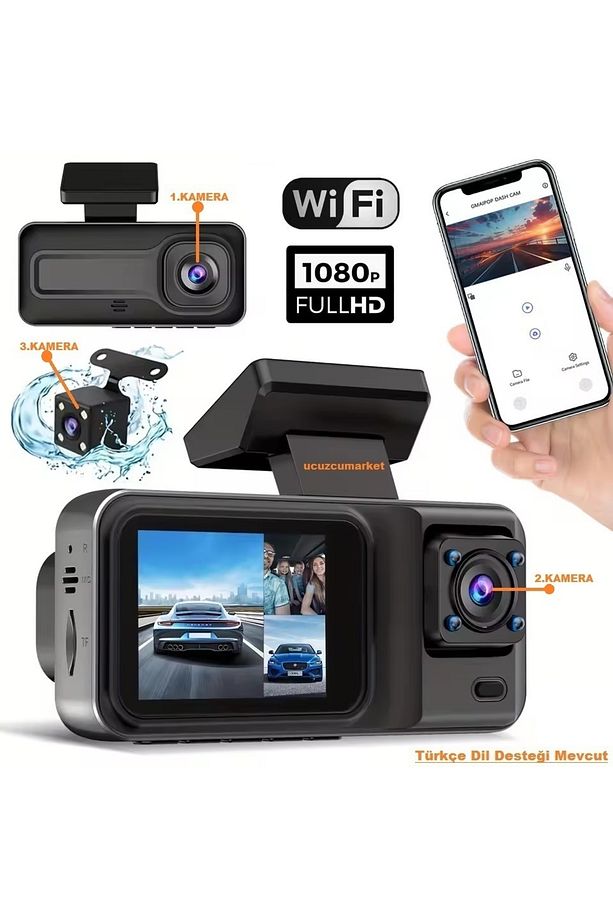 3 LENS'Lİ WİFİ ÖZELLİKLİ 2 İNÇ MİNİ ARAÇ İÇİ KAMERA - 1