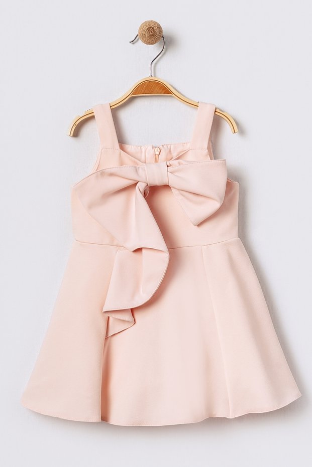 Large Bow Detail Thick Straps Flared Cutout Sleeveless Pink Girl's Dress 15701