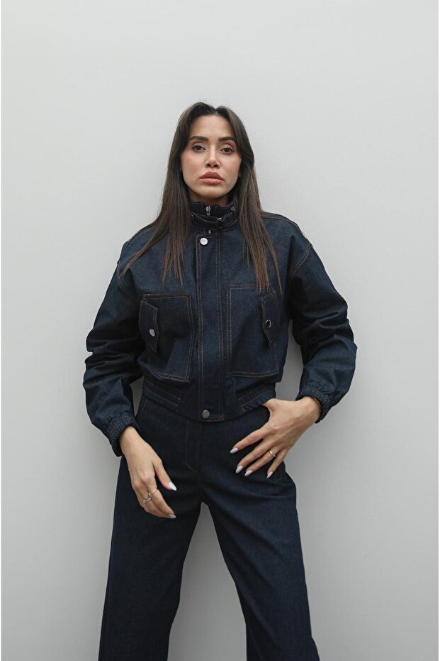 Dark Navy Collar Denim Jacket with Belt Detail