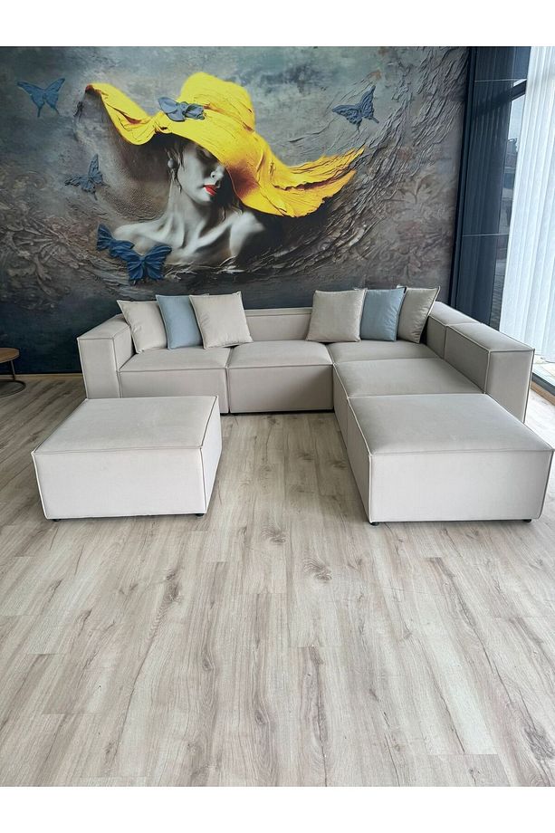 Angelo 4 Modül + 2 Puf Köşe Koltuk Takımı (6 Modül) Leke Tutmaz ve Su İtici Kumaş Zero 03 - 3