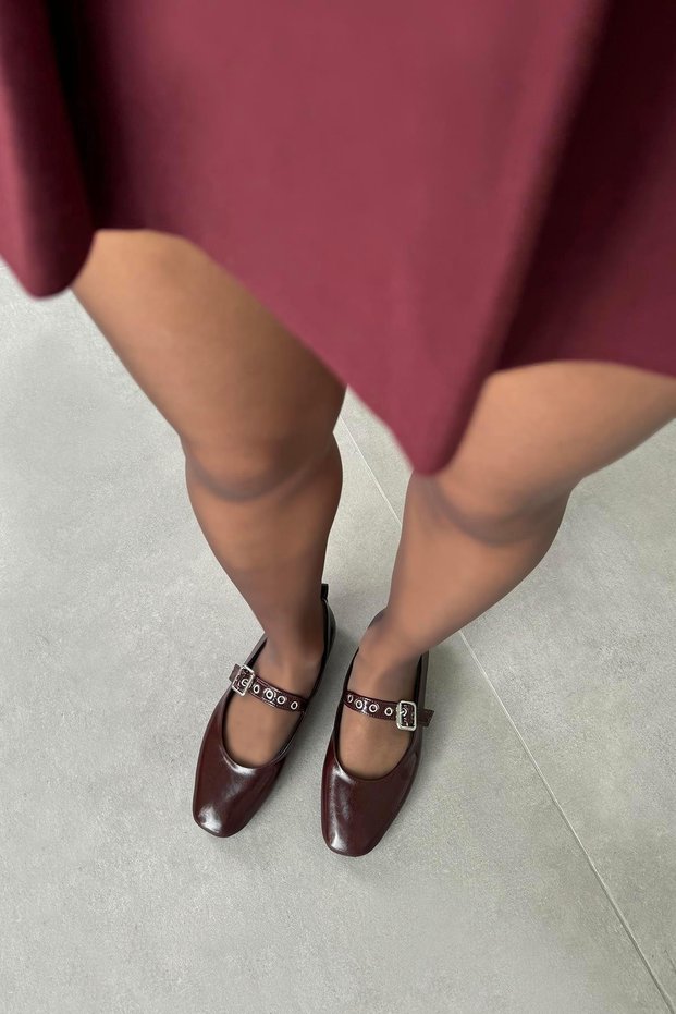 Jules Women's Belt Detail Wrinkled Leather Ballerinas Claret Red
