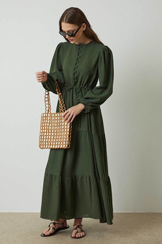 Dark Green Muslin Dress - Buttoned Front