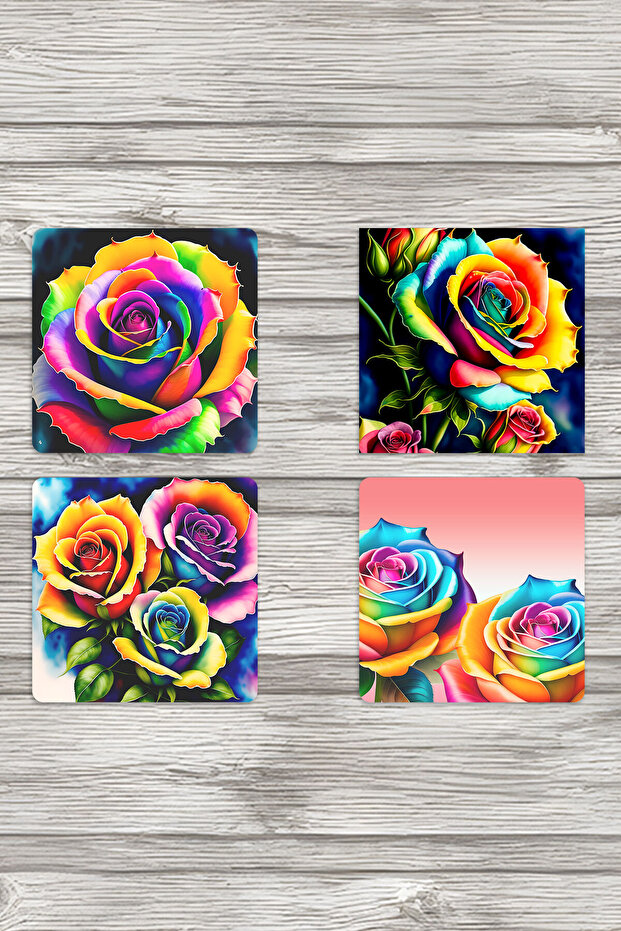 Pop Art Floral Printed Set of 4 Decorative Wooden Square Coasters