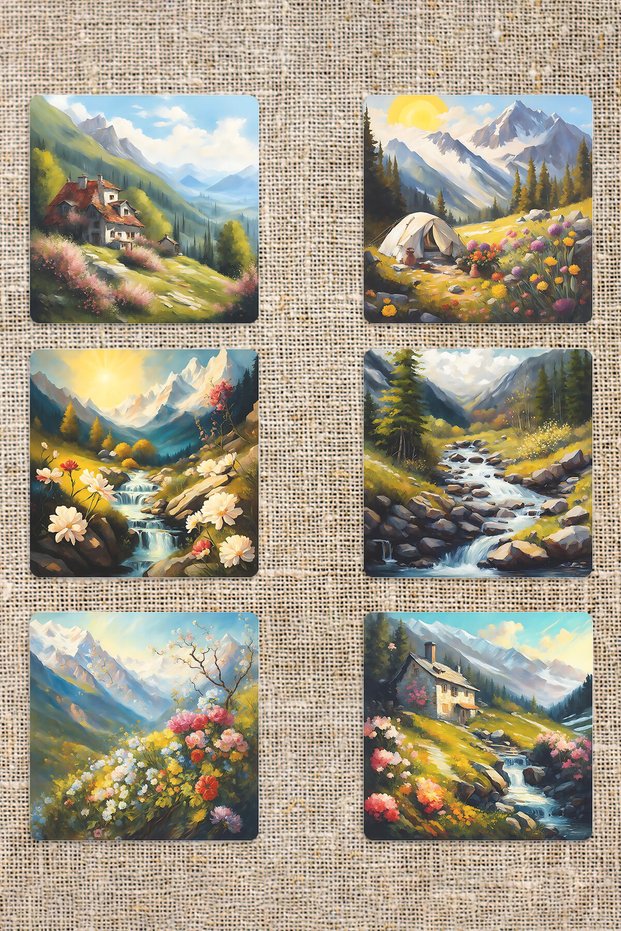 Nature Themed Landscape Printed Set of 6 Decorative Wooden Square Coasters