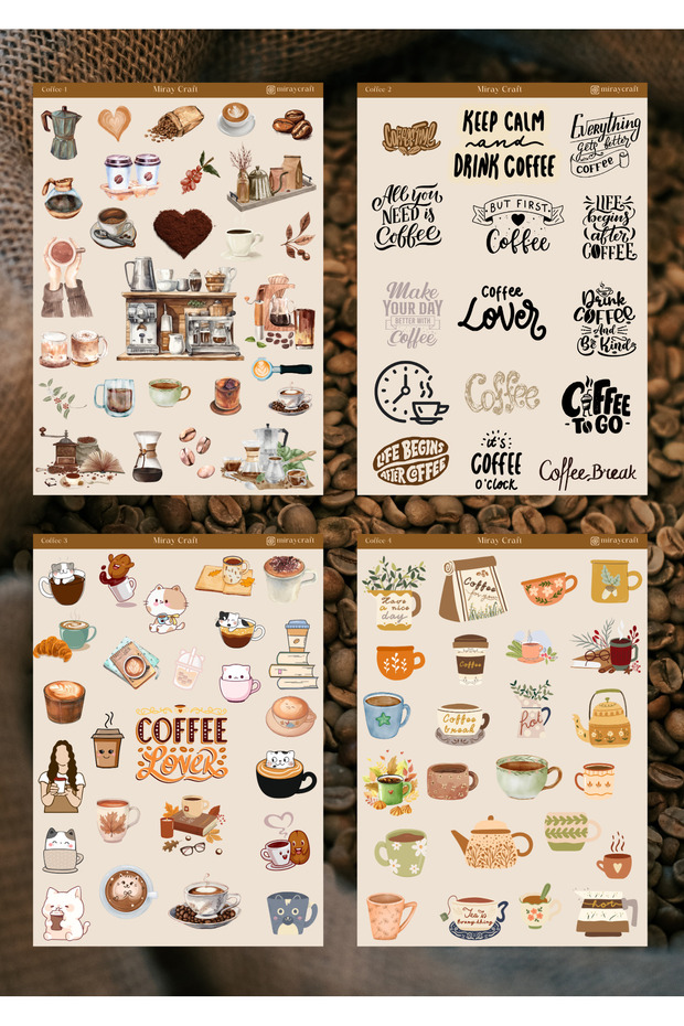 Set of 4 Coffee Themed 12*17 cm Stickers For/Bullet Journal, Scrapbook, Agenda, Planner, Notebook
