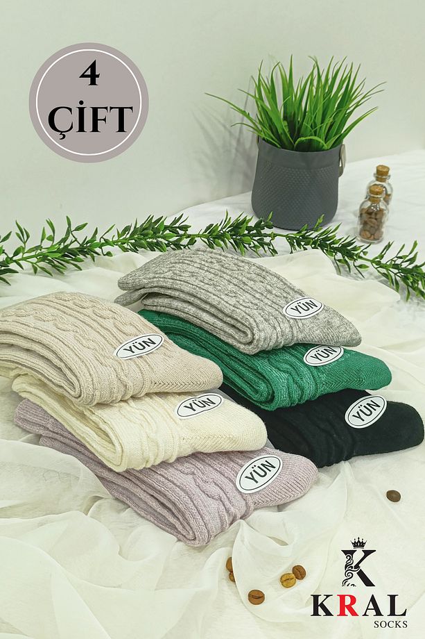 Kadın Yün Çorap (4 Çift) Kışlık  Termal Etkili Soft Yünlü Doku - 7